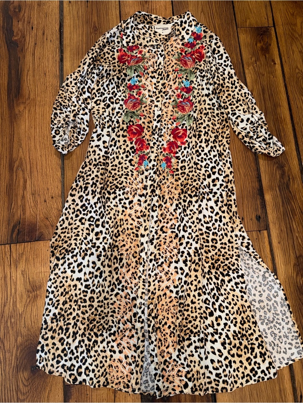 Savanna Jane Leopard Print Maxi Button Down Dress with Red Floral Embroidery